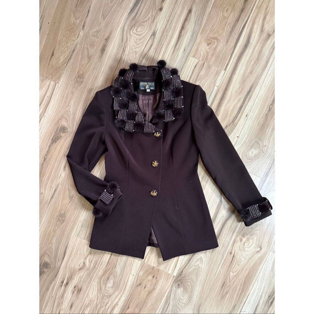 Vintage Louise Ricci Womens Brown Lattice Fur Trim Evening Blazer Jacket Sz 8